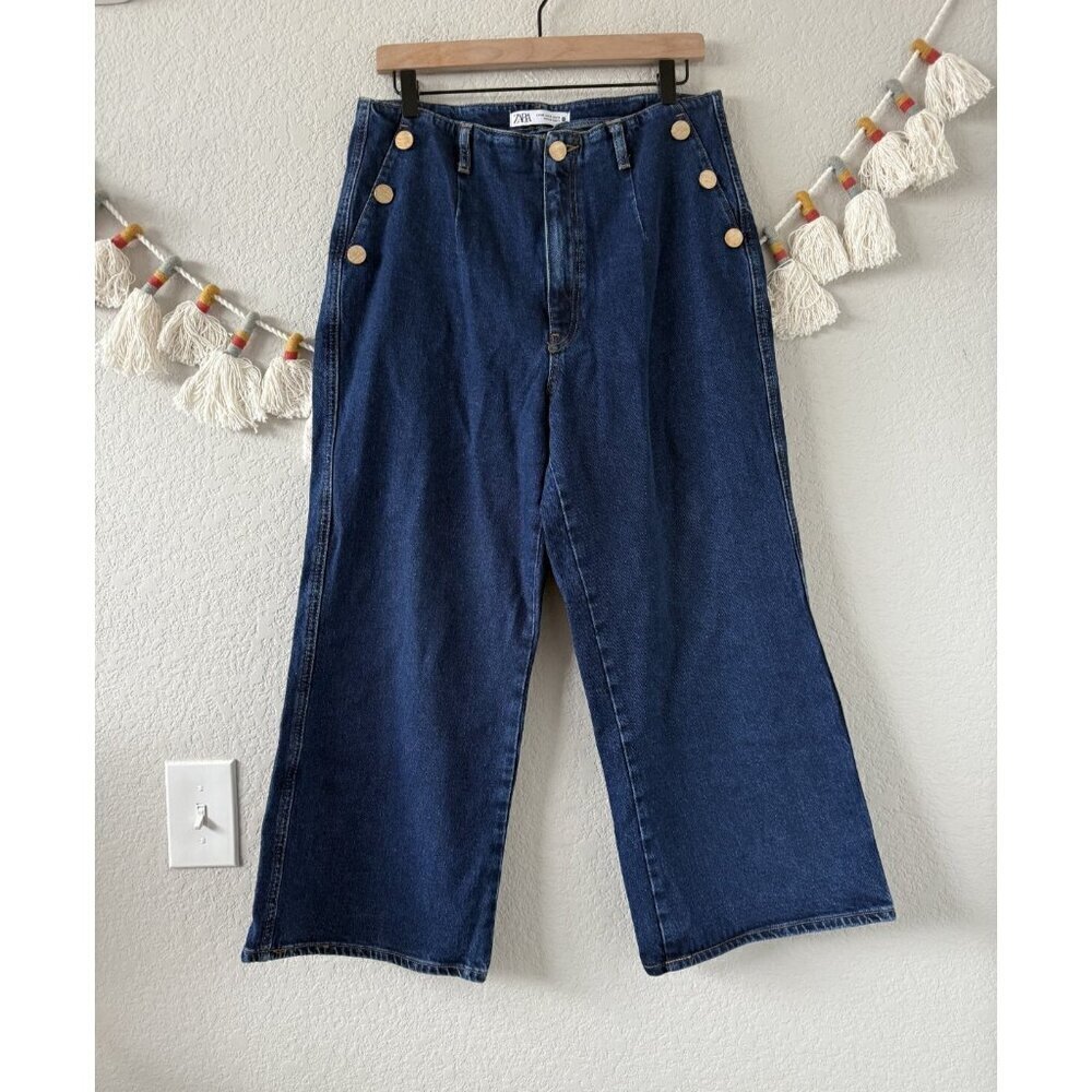 Zara Saylor Cropped Wide Leg Button Dark Wash Jeans Retro Baggy Boho Festival 12